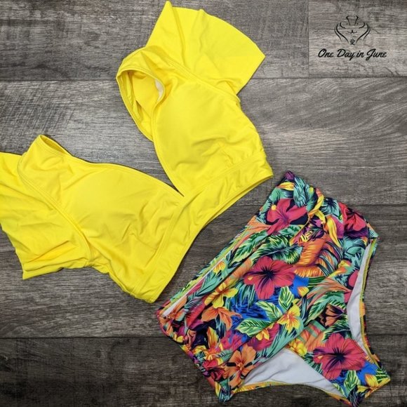 Sporlike Women Ruffle High Waist Push Up Tropical Bikini Swimsuit - Picture 3 of 4